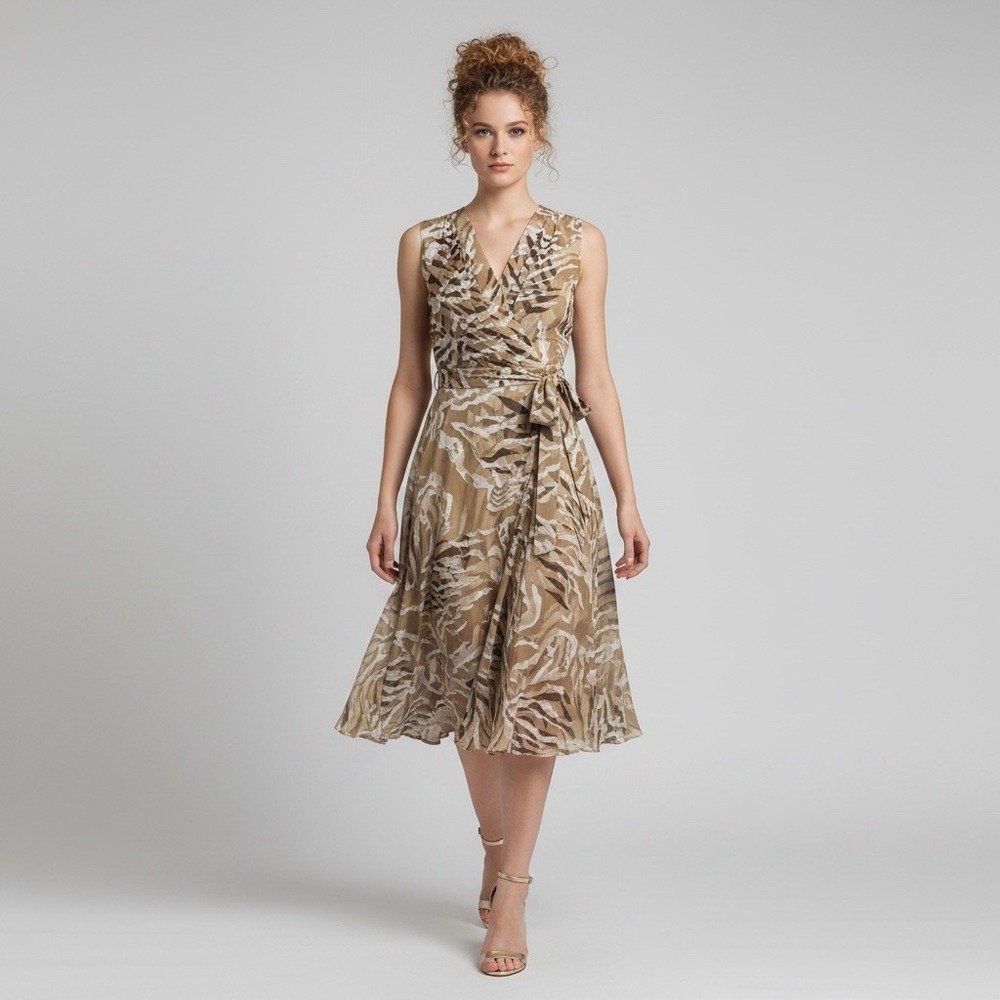 Vintage Jones New York Silk Y2K Luxury Velvet Burnout Fit Flare Dress 12p Tan